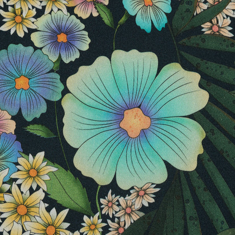 Stretch Cotton Sateen - Green and Blue Floral - Narcissus' Reflection Print - Mood Exclusive Gaia Collection