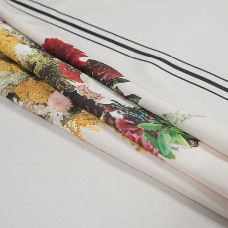 Stretch Cotton Sateen - White Floral and Stripes - Chloris' Bouquet Print - Mood Exclusive Gaia Collection
