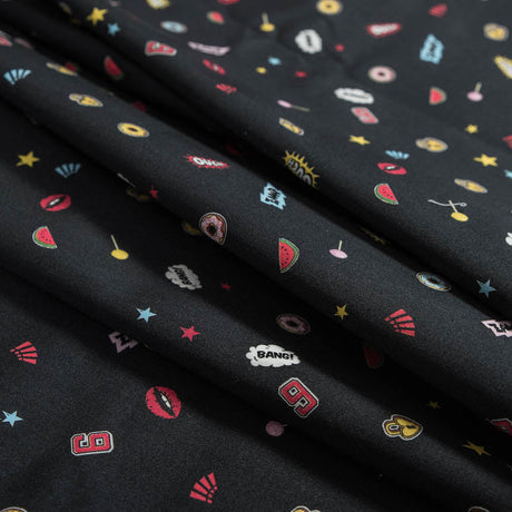 Stretch Cotton Sateen - Black Pop Icons - Black Candy and Combat Print - Mood Exclusive Comic Collection