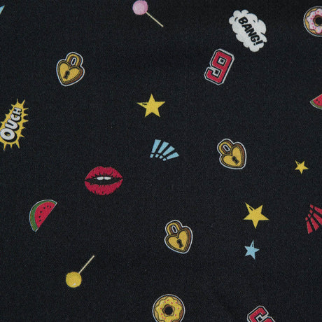 Stretch Cotton Sateen - Black Pop Icons - Black Candy and Combat Print - Mood Exclusive Comic Collection