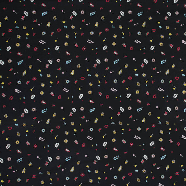Stretch Cotton Sateen - Black Pop Icons - Black Candy and Combat Print - Mood Exclusive Comic Collection