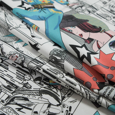 Stretch Cotton Sateen - White Pop Icons - White Fashionably Late Print - Mood Exclusive Comic Collection