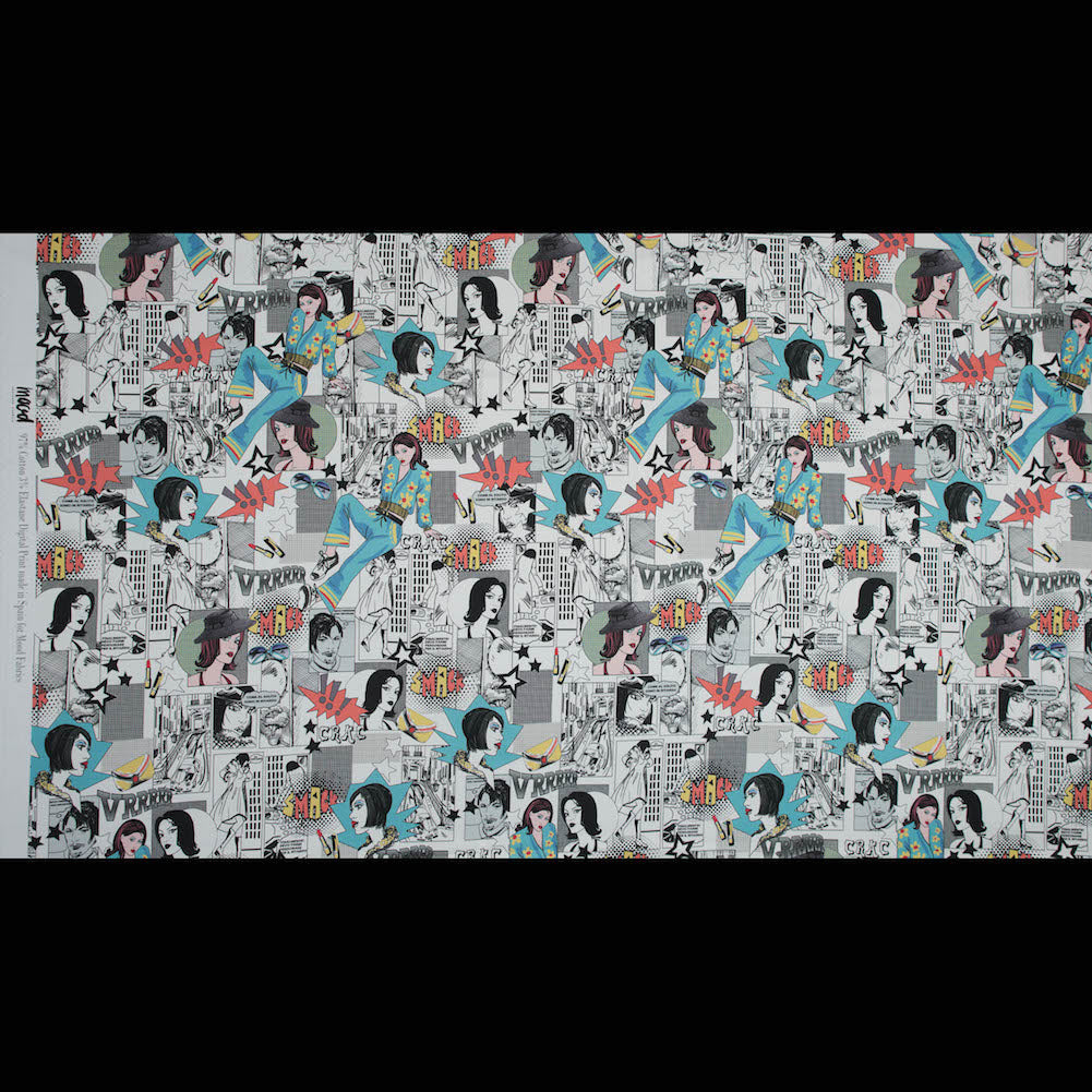 Stretch Cotton Sateen - White Pop Icons - White Fashionably Late Print - Mood Exclusive Comic Collection