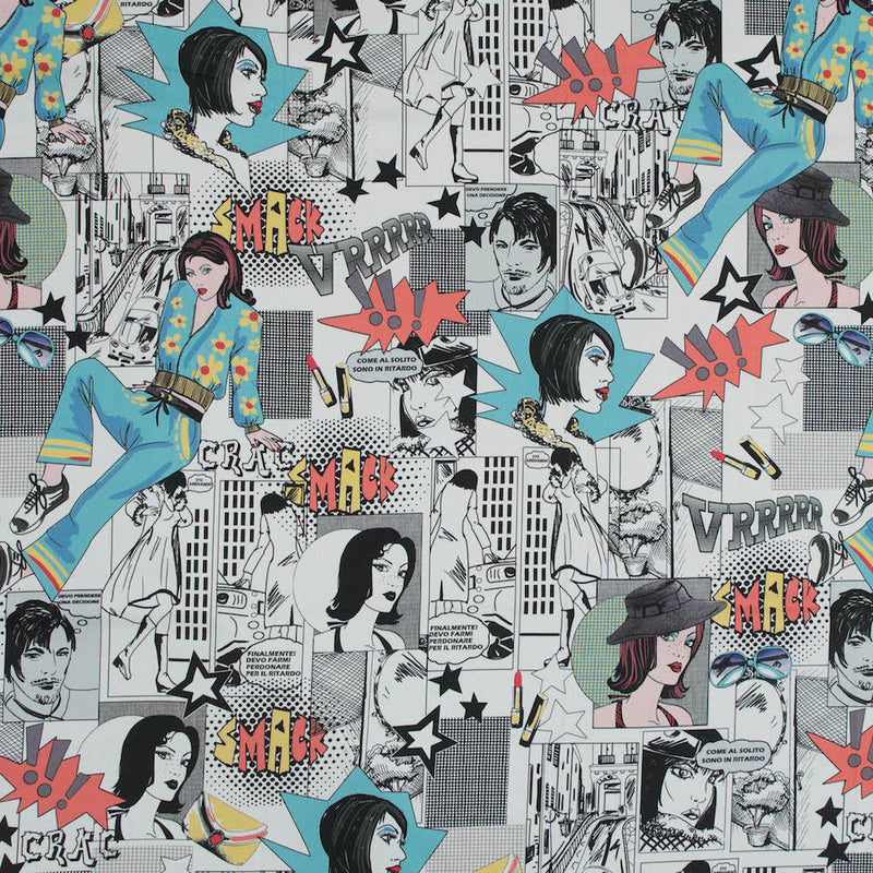 Stretch Cotton Sateen - White Pop Icons - White Fashionably Late Print - Mood Exclusive Comic Collection