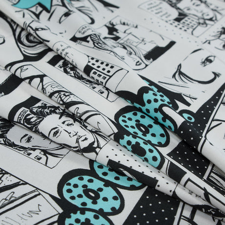 Stretch Cotton Sateen - Black and Aqua Comics - Alter-Ego Romance Print - Mood Exclusive Comic Collection