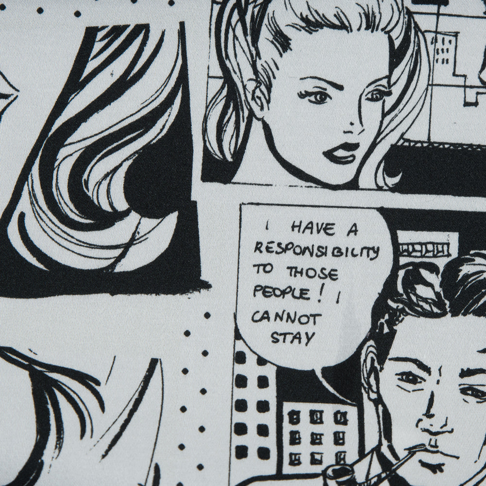 Stretch Cotton Sateen - Black and Aqua Comics - Alter-Ego Romance Print - Mood Exclusive Comic Collection