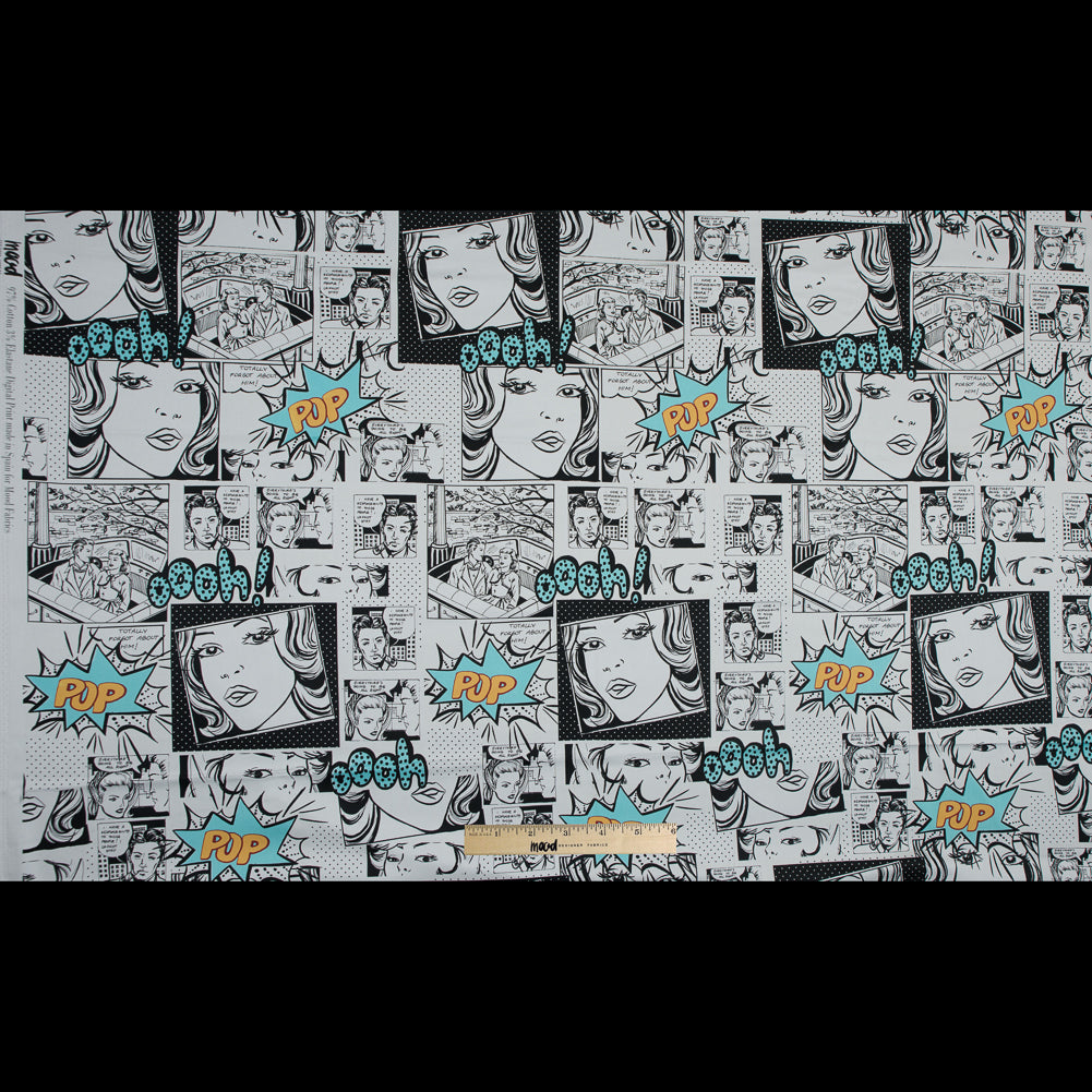 Stretch Cotton Sateen - Black and Aqua Comics - Alter-Ego Romance Print - Mood Exclusive Comic Collection