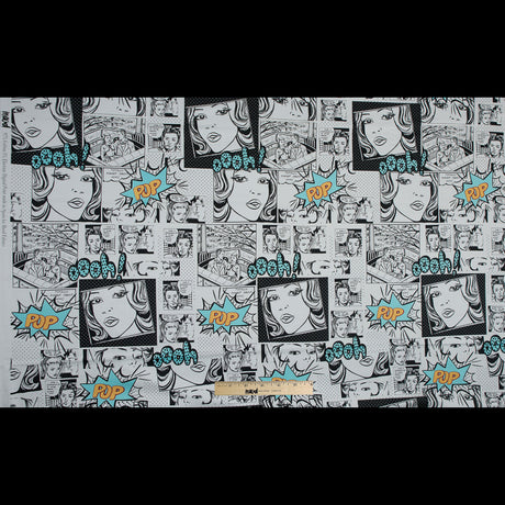 Stretch Cotton Sateen - Black and Aqua Comics - Alter-Ego Romance Print - Mood Exclusive Comic Collection