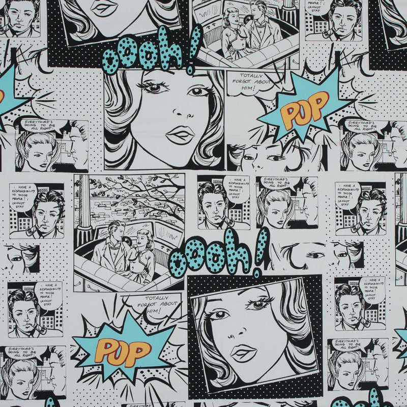 Stretch Cotton Sateen - Black and Aqua Comics - Alter-Ego Romance Print - Mood Exclusive Comic Collection