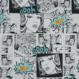 Stretch Cotton Sateen - Black and Aqua Comics - Alter-Ego Romance Print - Mood Exclusive Comic Collection