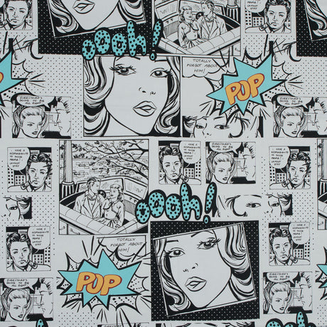 Stretch Cotton Sateen - Black and Aqua Comics - Alter-Ego Romance Print - Mood Exclusive Comic Collection
