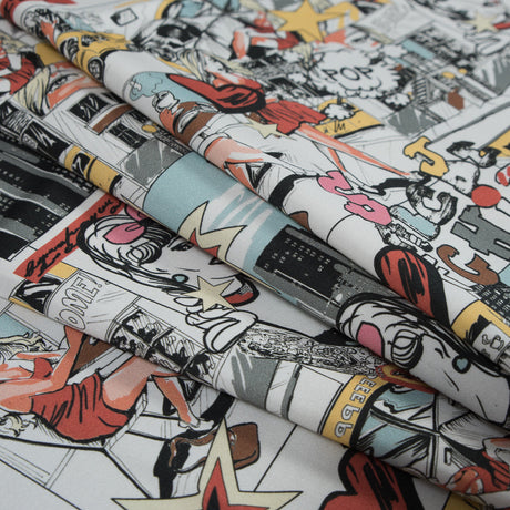 Stretch Cotton Sateen - Red and Yellow Comics - Coffee and Cars Print - Mood Exclusive Comic Collection