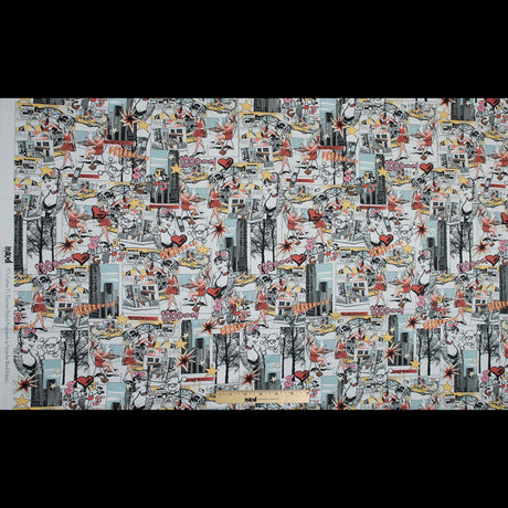 Stretch Cotton Sateen - Red and Yellow Comics - Coffee and Cars Print - Mood Exclusive Comic Collection