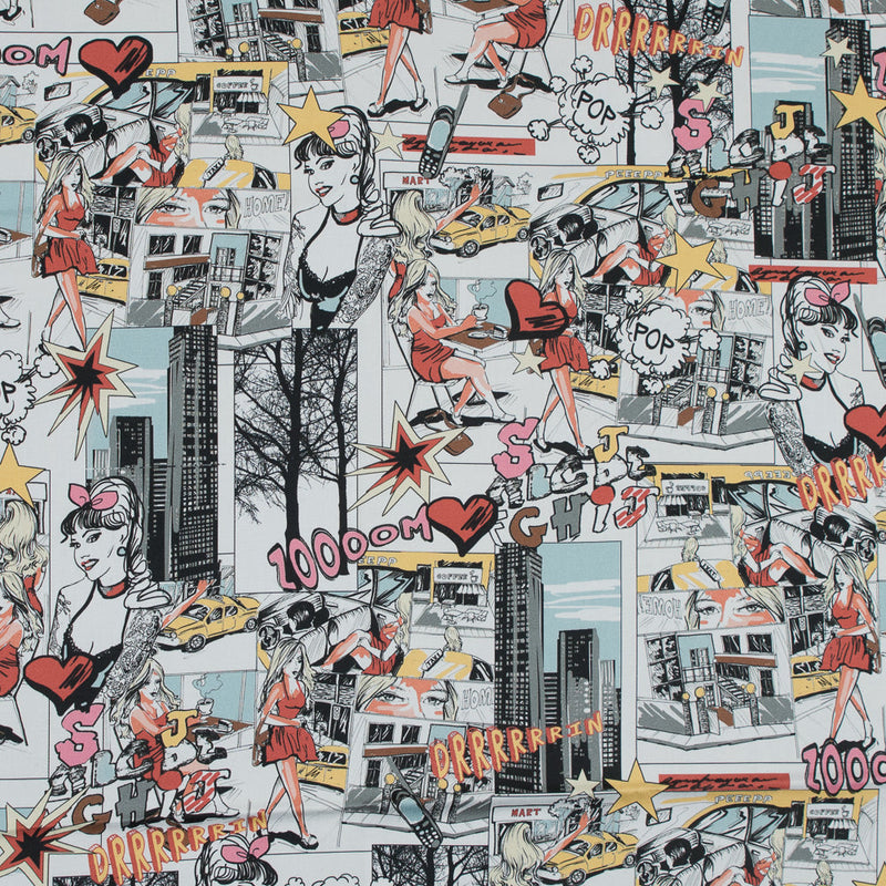 Stretch Cotton Sateen - Red and Yellow Comics - Coffee and Cars Print - Mood Exclusive Comic Collection