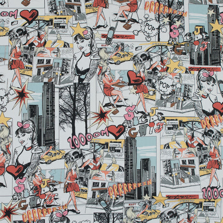 Stretch Cotton Sateen - Red and Yellow Comics - Coffee and Cars Print - Mood Exclusive Comic Collection