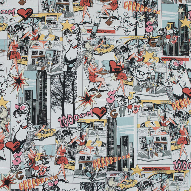 Stretch Cotton Sateen - Red and Yellow Comics - Coffee and Cars Print - Mood Exclusive Comic Collection