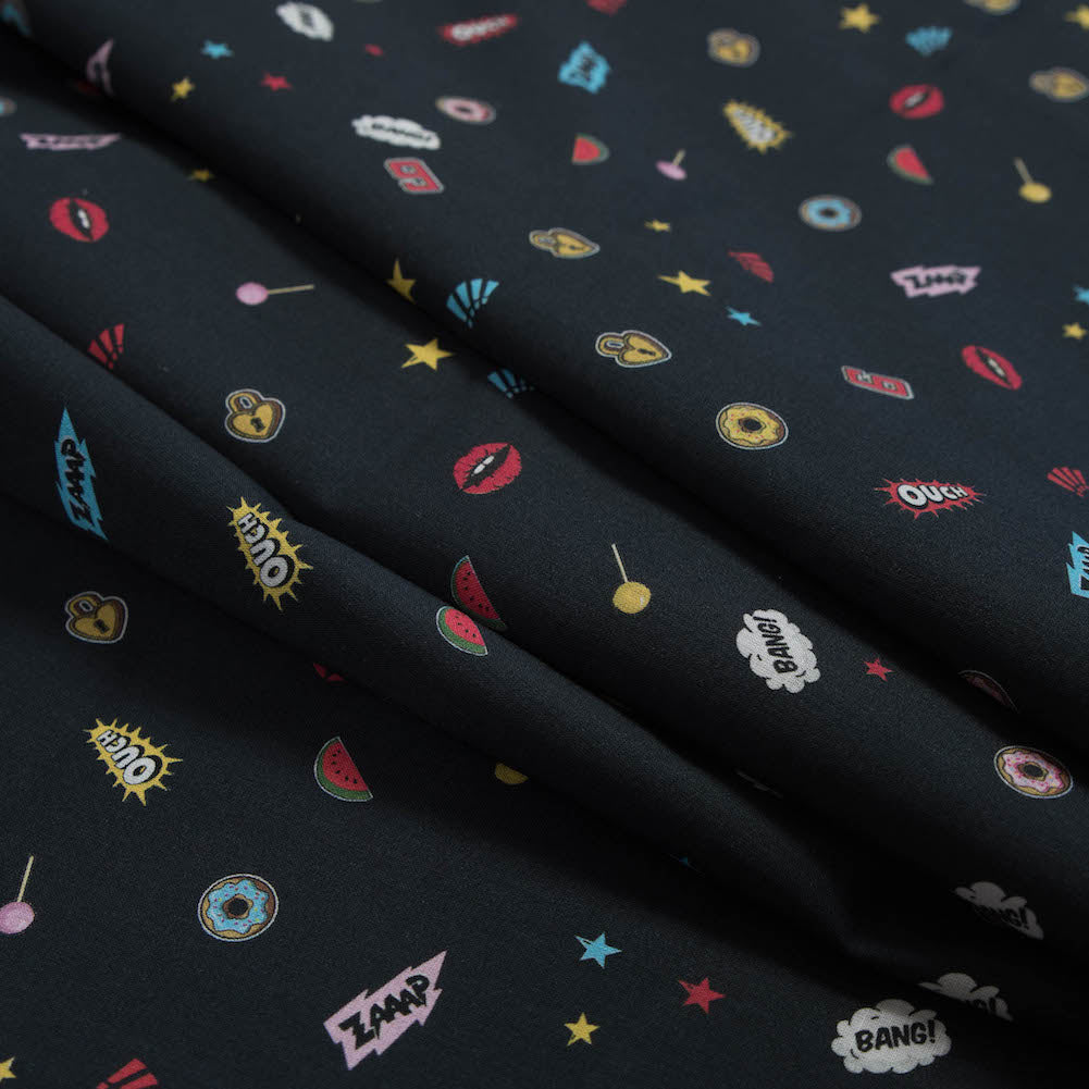 Cotton Voile - Black Pop Icons - Black Candy and Combat Print - Mood Exclusive Comic Collection