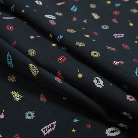 Cotton Voile - Black Pop Icons - Black Candy and Combat Print - Mood Exclusive Comic Collection