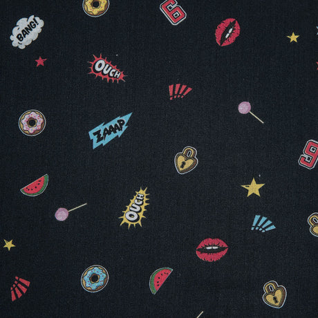 Cotton Voile - Black Pop Icons - Black Candy and Combat Print - Mood Exclusive Comic Collection