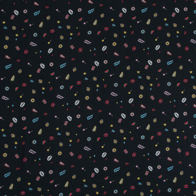 Cotton Voile - Black Pop Icons - Black Candy and Combat Print - Mood Exclusive Comic Collection