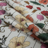 Stretch Cotton Sateen - Red and Yellow Flowers on Pinstripes - A Morning Hello Print - Mood Exclusive Aloha Collection