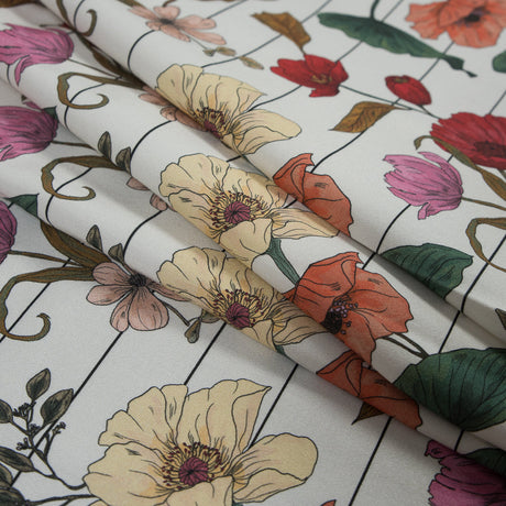 Stretch Cotton Sateen - Red and Yellow Flowers on Pinstripes - A Morning Hello Print - Mood Exclusive Aloha Collection