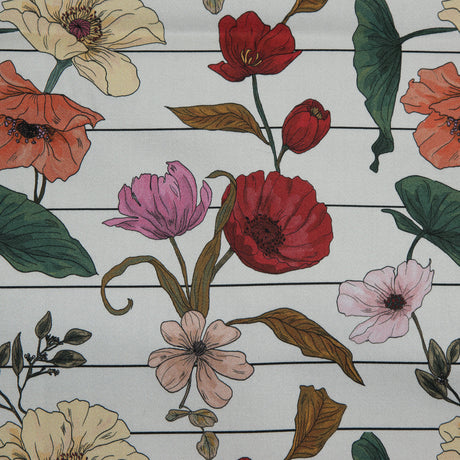 Stretch Cotton Sateen - Red and Yellow Flowers on Pinstripes - A Morning Hello Print - Mood Exclusive Aloha Collection