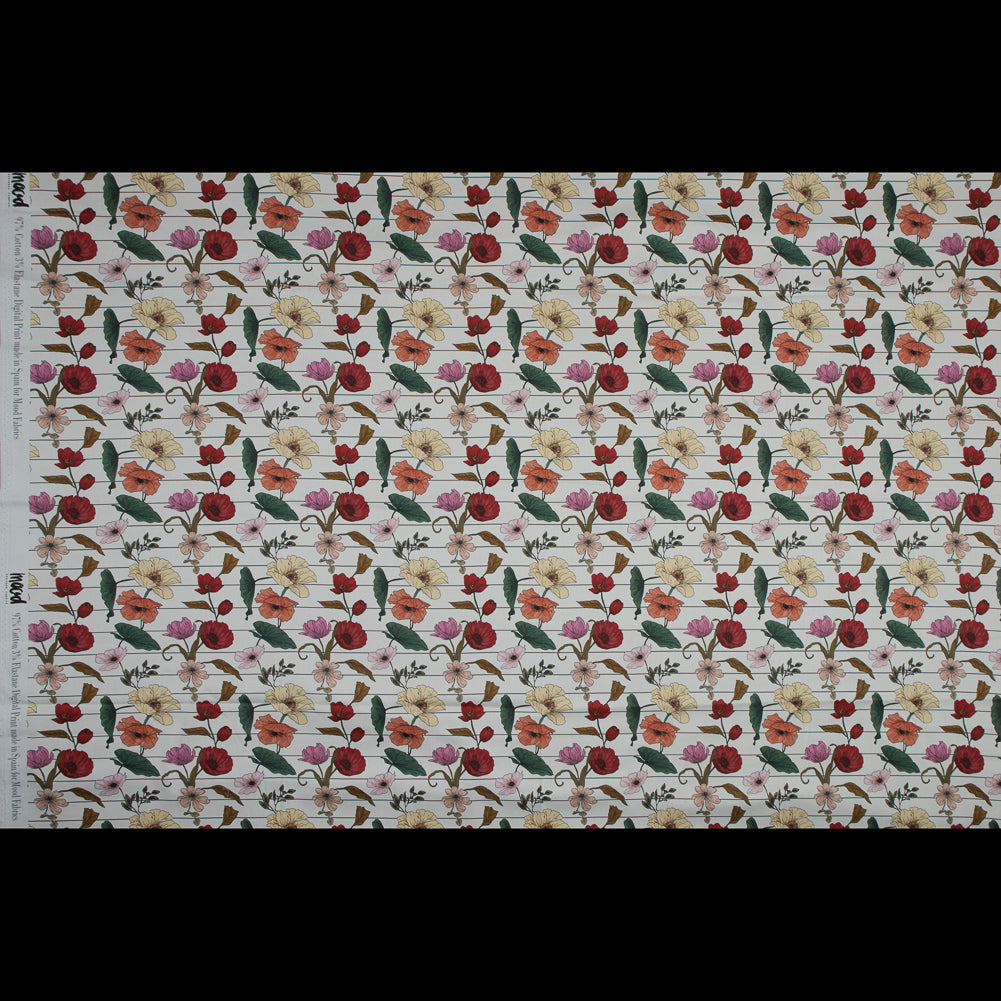 Stretch Cotton Sateen - Red and Yellow Flowers on Pinstripes - A Morning Hello Print - Mood Exclusive Aloha Collection