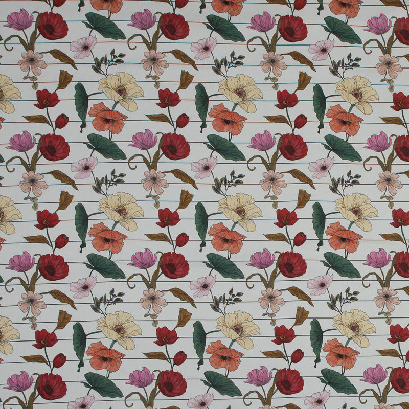 Stretch Cotton Sateen - Red and Yellow Flowers on Pinstripes - A Morning Hello Print - Mood Exclusive Aloha Collection