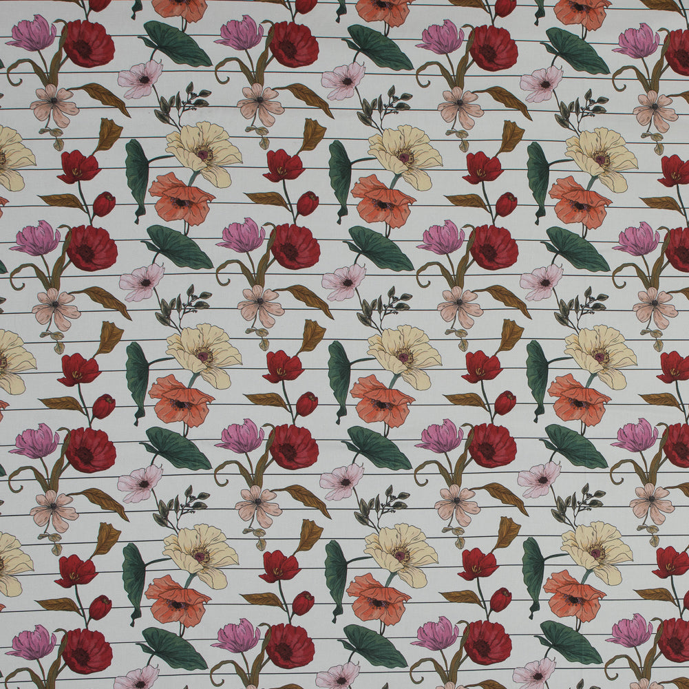 Stretch Cotton Sateen - Red and Yellow Flowers on Pinstripes - A Morning Hello Print - Mood Exclusive Aloha Collection