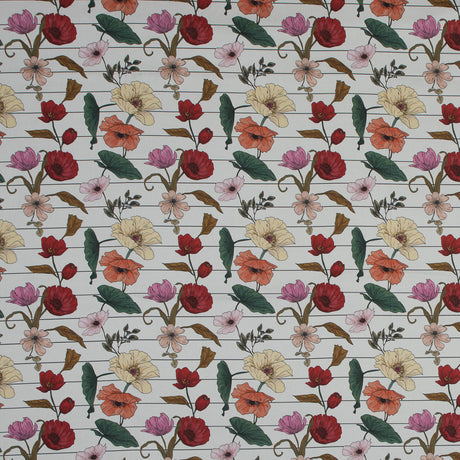 Stretch Cotton Sateen - Red and Yellow Flowers on Pinstripes - A Morning Hello Print - Mood Exclusive Aloha Collection