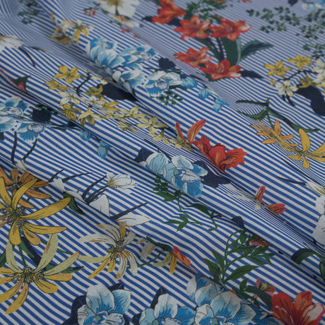 Cotton Voile - Florals on White and Blue Stripes - Ganesh's Epiphany Print - Mood Exclusive Surya Collection