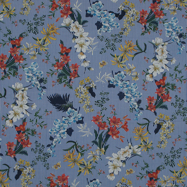 Cotton Voile - Florals on White and Blue Stripes - Ganesh's Epiphany Print - Mood Exclusive Surya Collection