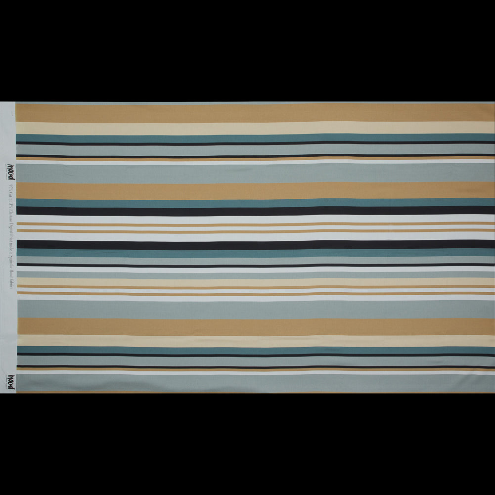 Stretch Cotton Sateen - Blue and Beige Stripes - Krishna's Meditation Print - Mood Exclusive Surya Collection