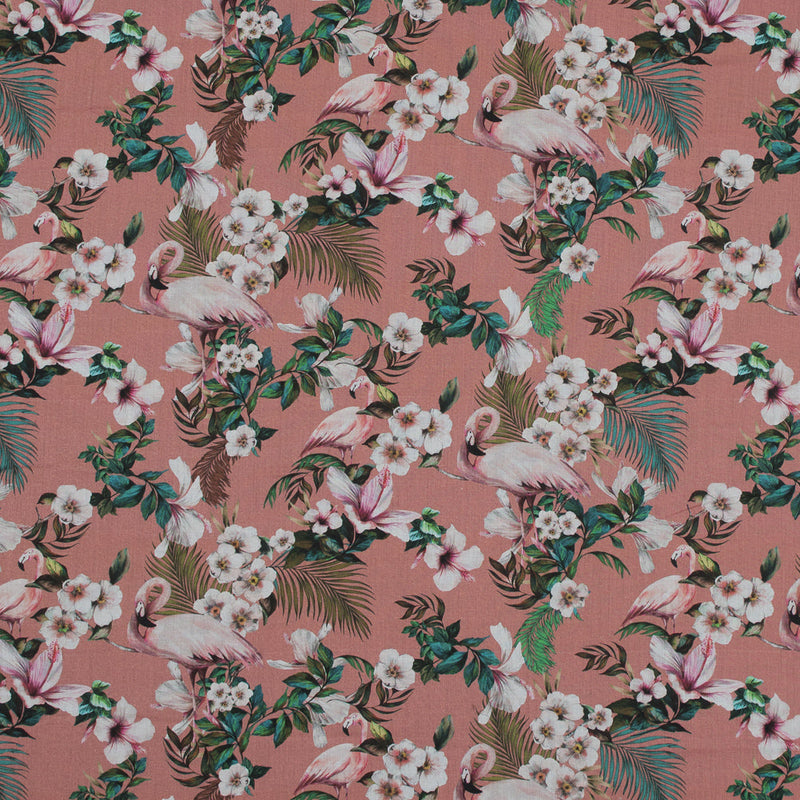 Cotton Voile - Salmon Flamingos and Leaves - Balance of Unity Print - Mood Exclusive Key Largo Collection