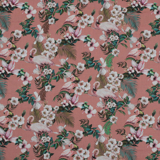 Cotton Voile - Salmon Flamingos and Leaves - Balance of Unity Print - Mood Exclusive Key Largo Collection