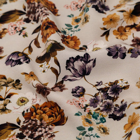 Stretch Polyester Crepe - Cream and Rust Floral - August Rush Print - Mood Exclusive Harvest Collection