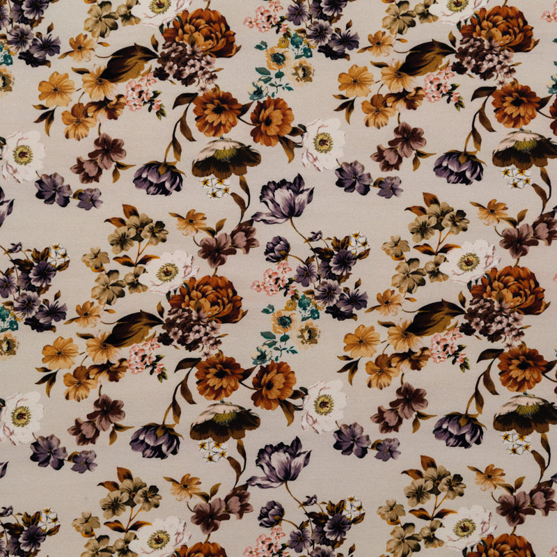 Stretch Polyester Crepe - Cream and Rust Floral - August Rush Print - Mood Exclusive Harvest Collection