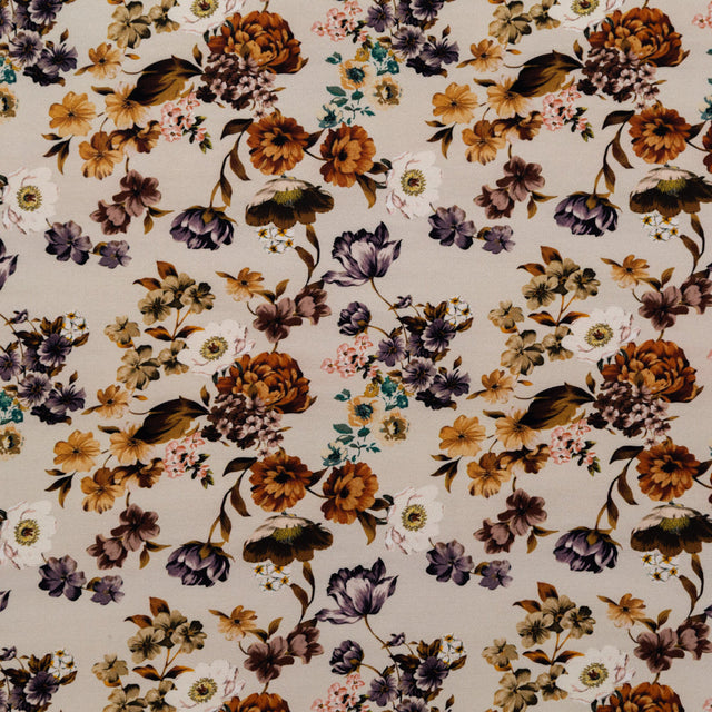 Stretch Polyester Crepe - Cream and Rust Floral - August Rush Print - Mood Exclusive Harvest Collection