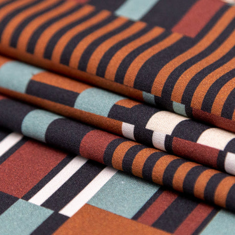 Stretch Cotton Sateen - Blue and Brown Geometric - Kernel of Truth Print - Mood Exclusive Harvest Collection