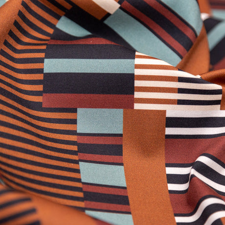 Stretch Cotton Sateen - Blue and Brown Geometric - Kernel of Truth Print - Mood Exclusive Harvest Collection