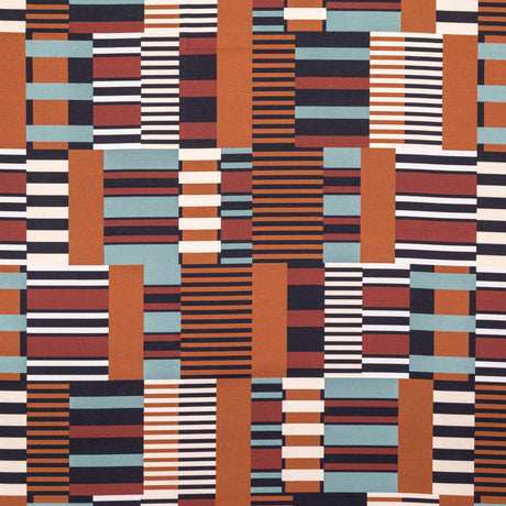 Stretch Cotton Sateen - Blue and Brown Geometric - Kernel of Truth Print - Mood Exclusive Harvest Collection