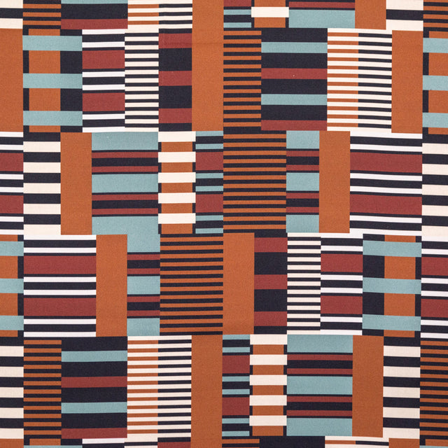 Stretch Cotton Sateen - Blue and Brown Geometric - Kernel of Truth Print - Mood Exclusive Harvest Collection