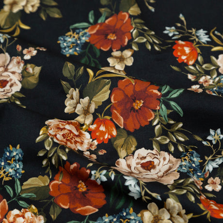 Stretch Cotton Sateen - Black and Red Floral - Garden of Eden Print - Mood Exclusive Harvest Collection