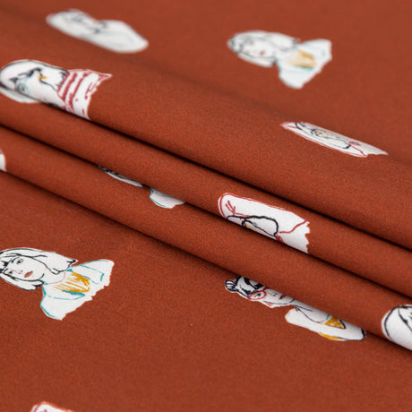 Stretch Cotton Sateen - Rust Faces - Run the World Print - Mood Exclusive Harvest Collection