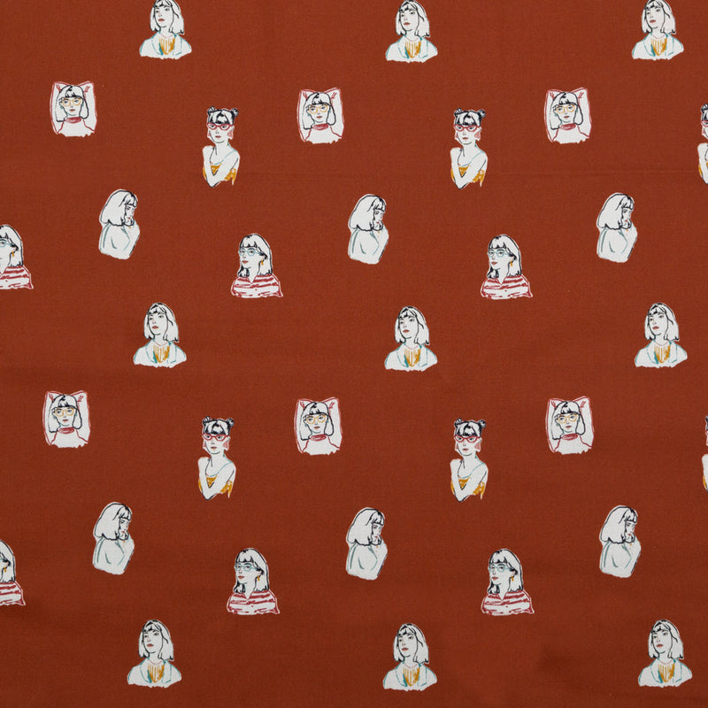 Stretch Cotton Sateen - Rust Faces - Run the World Print - Mood Exclusive Harvest Collection