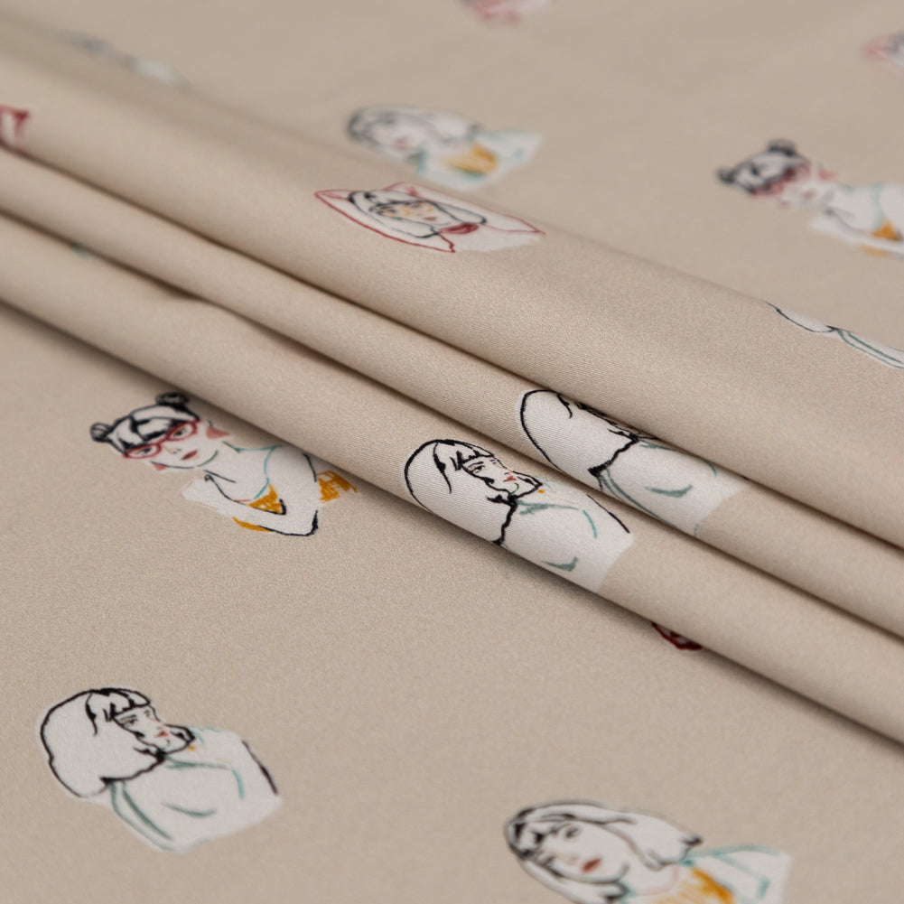 Stretch Cotton Sateen - Beige Faces - Run the World Print - Mood Exclusive Harvest Collection