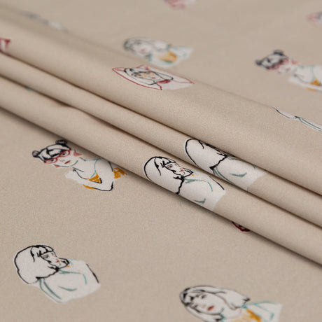 Stretch Cotton Sateen - Beige Faces - Run the World Print - Mood Exclusive Harvest Collection
