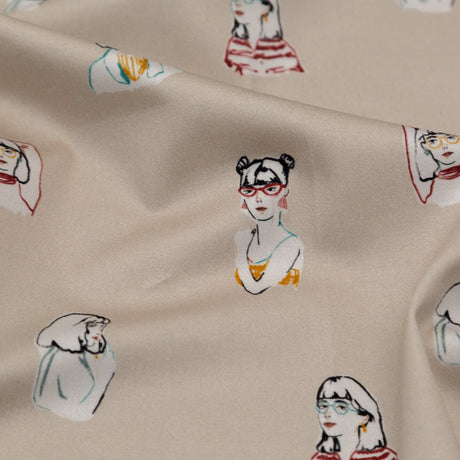 Stretch Cotton Sateen - Beige Faces - Run the World Print - Mood Exclusive Harvest Collection