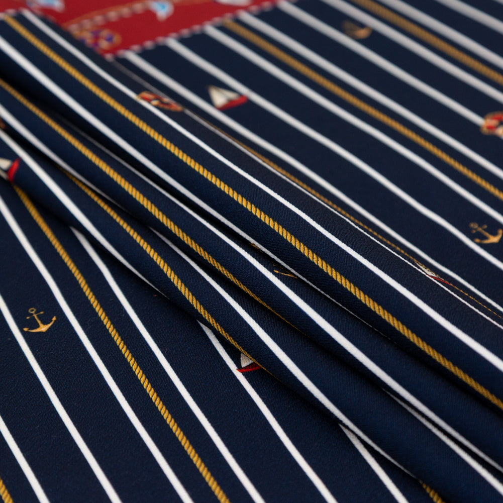 Stretch Polyester Crepe Panel - Nautical Treasures and Stripes - Sailboat Treasures Print - Mood Exclusive St. Tropez Collection